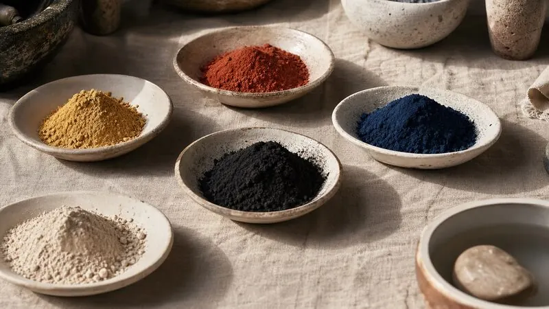 Mineral pigment swatches arranged on linen