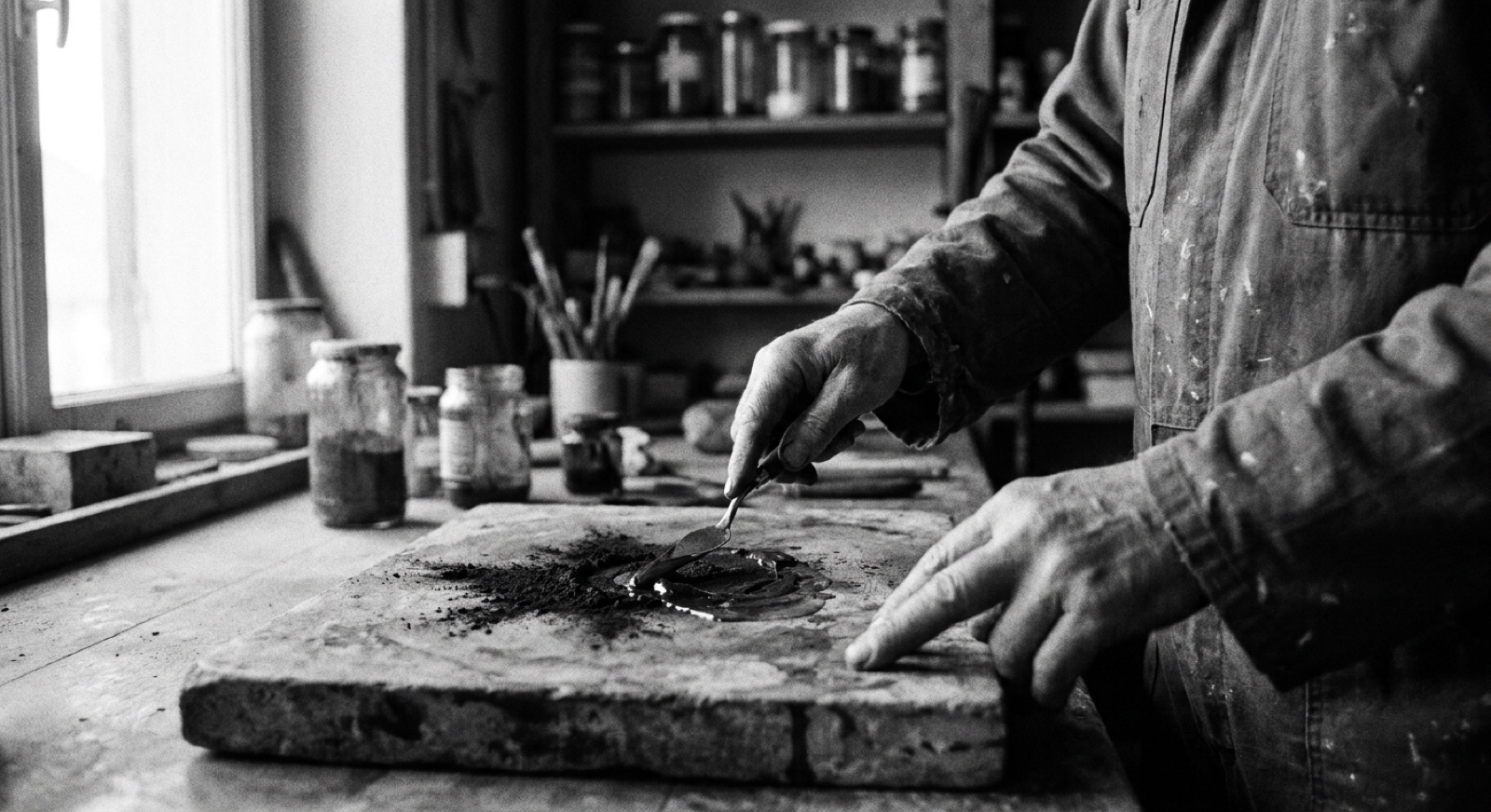 Hand-mixing pigment at the Delhi colour lab